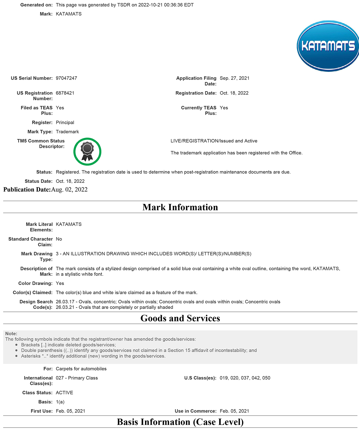 KATAmats is officially registered at the USPTO