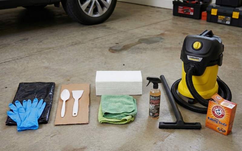 Essential tools and supplies for cleaning pet waste from a car.